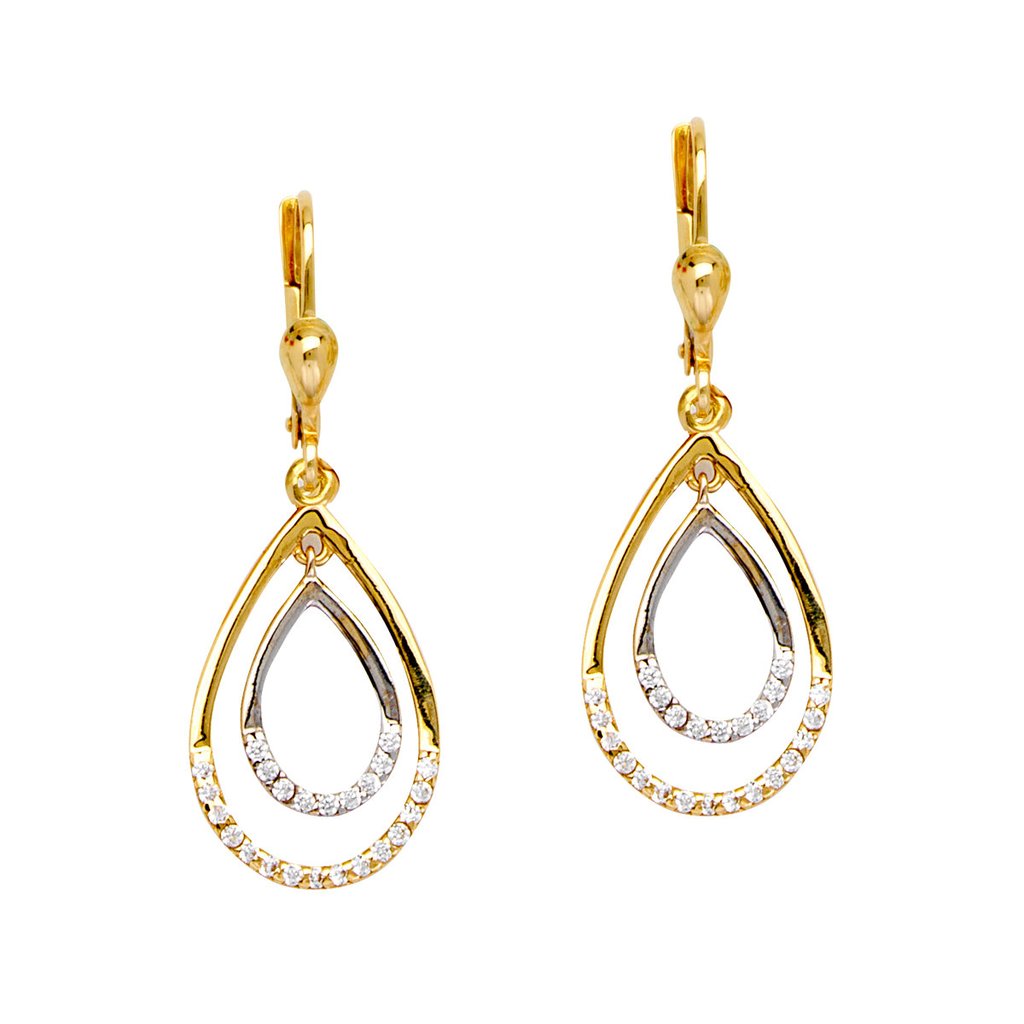 10k Two-tone White and Yellow Gold Earrings Pear Shape