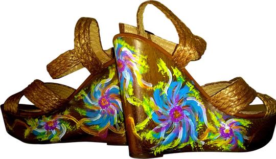 1 Madison  Golden Brown Hand Painted Collection Straps Sandal Wedges