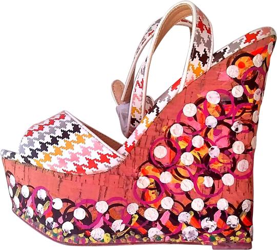 1 Madison  Orange Multi Color Hand Painted Collection Printed Cork-Wrapped Sandal Wedges