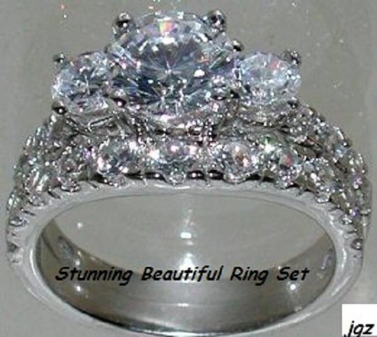 .925 Sterling Silver - 3 Stone Engagement-Bridal Set * * New * Engagement Ring